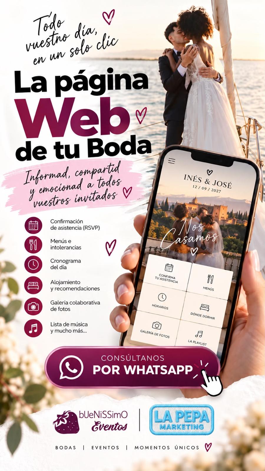 La página web de tu boda: invitaciones, confirmaciones, horarios y recuerdos. Un servicio de La Pepa Marketing con bUeNiSSimO Eventos.